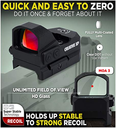 CREATIVE XP HD Red Dot Sight 3 MOA – Tactical Reflex Sight for Day & Night Time – Easy to Zero on a Glock or Rifle - Glock Mount Plate, Lifetime Battery Replacement - GlassEagle