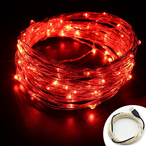 HanLuckyStars Guirnaldas Luminosas Cadena de luces 10M 100LED Resistente al agua para Adornos Boda Ceremonia Árbol de Navidad Fiesta Jardín Exterior Interior,Cargar por USB (Rojo)