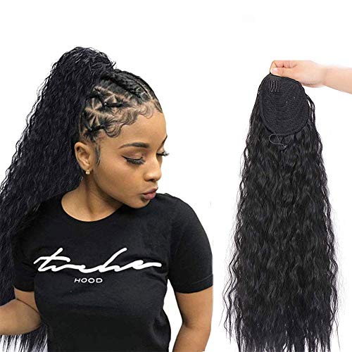 Long Ponytail Extension for Black Women Synthetic 22 Inches Black Ponytail Surround Corn Wave Ponytail Drawstring Black Ponytail for Daily Use (Color:1B)