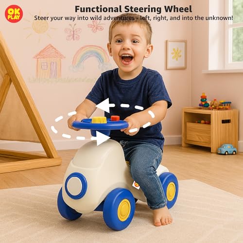 Image of OK PLAY Ride-On Car for Kids | Push Ride-On with Functional Steering & Horn| Suitable for 12+ Months | Indoor & Outdoor Toy (Multicolor)