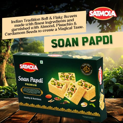 Image of Satmola Soan Papdi - 400g Instant Ready To Eat | Delicious Crispy & Flaky Indian Sweets | Festive Delight, Great Gift Pack | Fresh Almonds and Pistachio