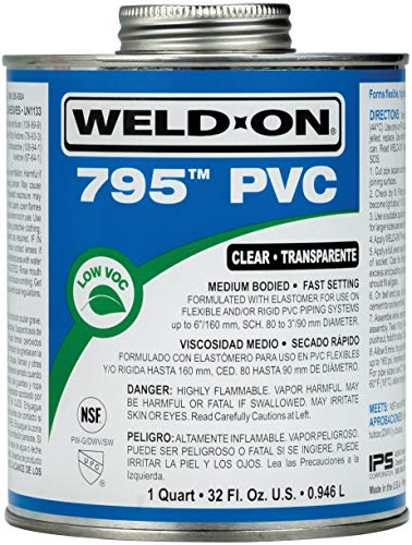 Weld-On 10280 795 Flex PVC Medium-Bodied Plumbing-Grade Solvent Cement - Fast Setting and Low-VOC, Clear, 1 Quart (32 fl oz)
