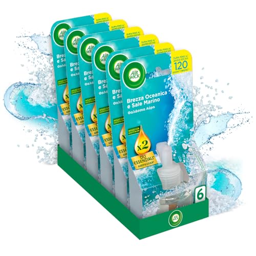 Air Wick Diffusore Elettrico di Oli Essenziali, 6 Ricariche per Diffusore Elettrico alla Brezza Oceanica e Sale Marino, Profumatore per Ambienti Elettrico con Oli Essenziali