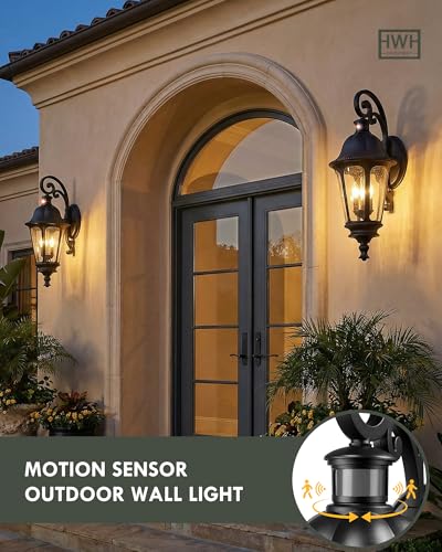 Image of Motion Sensor Outdoor Light Wall Mount, HWH Dusk to Dawn Exterior Light Fixture with Seeded Glass, Matte Black Finish, Waterproof Outside Wall Light for House, 5HW90B-L-SE BK