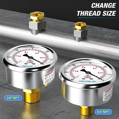 Image of MEANLIN MEASURE -30inHG~0Psi Stainless Steel 1 /8 inch NPT 2.5 inch FACE DIAL Vacuum Pressure Gauge, Center Back Mount, with 1 /4 inch NPT and 3 /8 inch NPT Hex Bushing