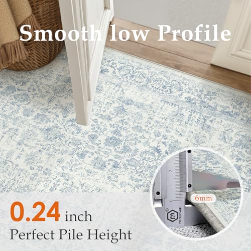 Blue Runner Rug 3x7 Hallway Machine Washable Kitchen Vintage Distressed Non Slip Long Carpet Indoor Retro Floral Bedroom Accent Throw Rug for Bathroom Office Laundry Dining Room
