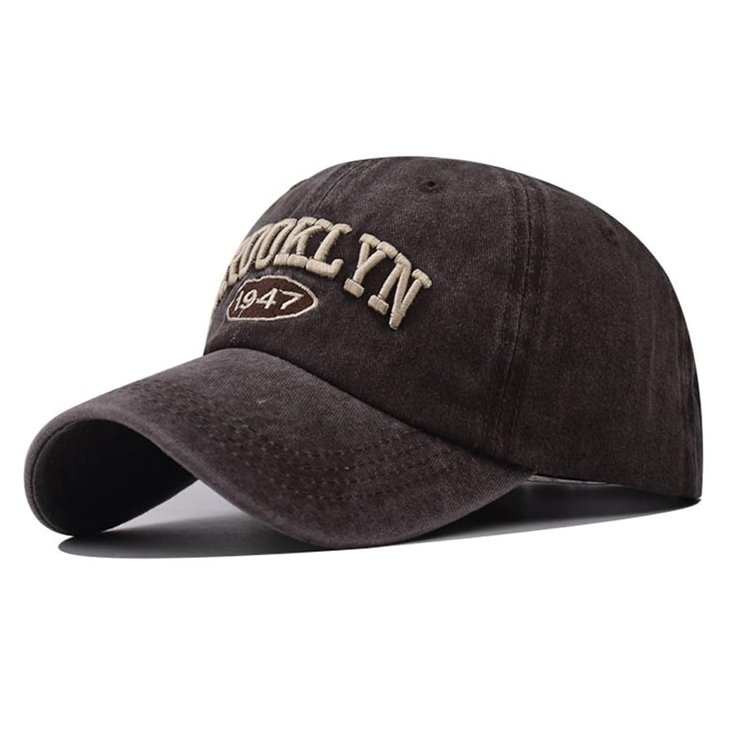 URTAODFE Embroider Letter Brooklyn Washed Baseball Cap,Cotton Trucker Hat,Gift Giving,Couple Duck Tongue Cap (Cotton, Brown)