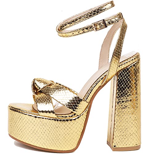 YIYA Women's Metallic Platform Chunky Heeled Sandals Open Round Toe Strappy Heels Ankle Strap Wedding Party Dress Shoes