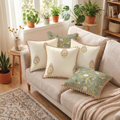 Image of Urban Space Cotton Cushion Cover Set of 5, 16 x 16 Inches, Decorative Throw Pillow Covers with Pom Pom, Printed Sofa Cushion Covers for Living Room, Home Decor (CC5, 40Cm x 40Cm, Set of 5)