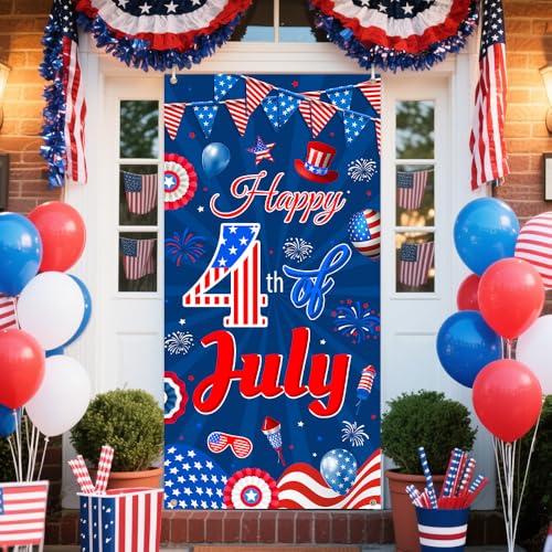 Image of AIBIIN Happy 4th of July Door Cover Banner 4th of July USA Backdrop Memorial Patriotic Decorations for Independence Day Party Supplies Patriotic Theme Backdrop Poster for Indoor Outdoor Decor