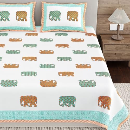 Image of Living Roots Ethnic Jaipur Block Print Double Cotton Bedsheet & 2 Pillow Covers, for Mattress Upto 6 inches Thick, No Colour Bleeding, Green Colour, King Size 90 * 108 inches, 120TC (615-C)