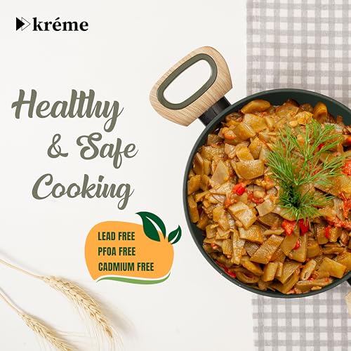 Image of Kreme Venetia Premium Series Granite Non-Stick 11 Pc Cookware Set | Kadai, Frypan, Dosa Tawa and Sauce Pot with Lid | Granite Coating | Induction & Gas Stove Use | Healthy Low-Oil Cooking, Green