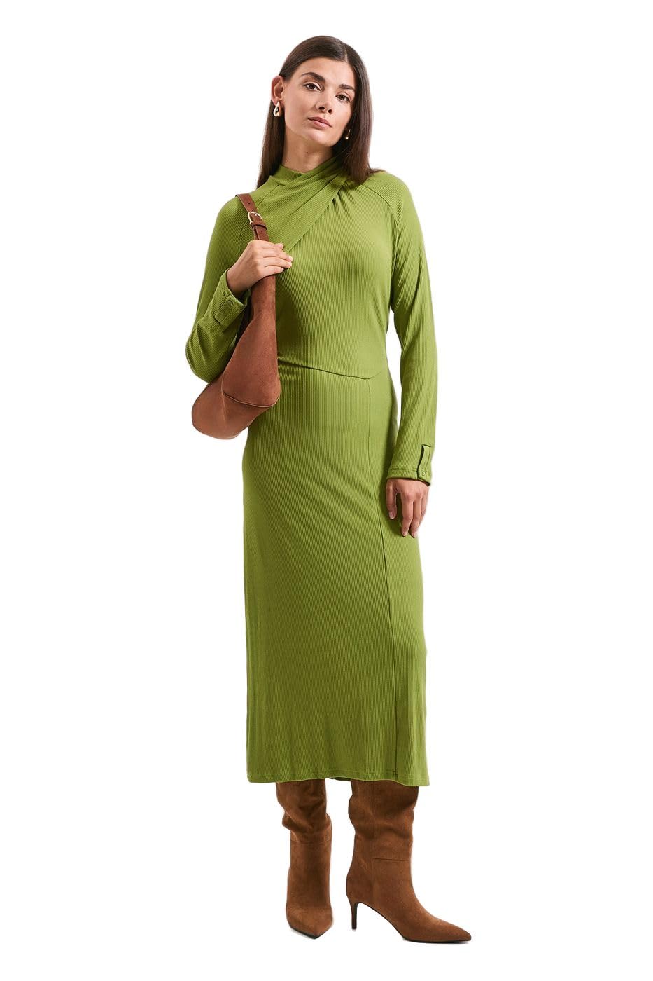 Principles Women's Green Twist Detail Ribbed Jersey Midi Dress, 14,