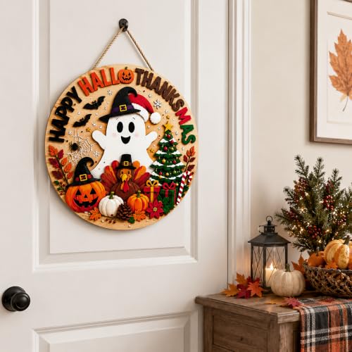 Image of Halloween Decorations - Happy Hallothanksmas Wooden Sign for Front Door