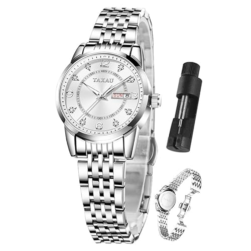 Taxau Uhren für Frauen Arabische Ziffern Kleines Zifferblatt Easy Read Damenuhren Einfacher Stil Datum Edelstahl wasserdichte Uhren für Frauen Reloj para Mujer