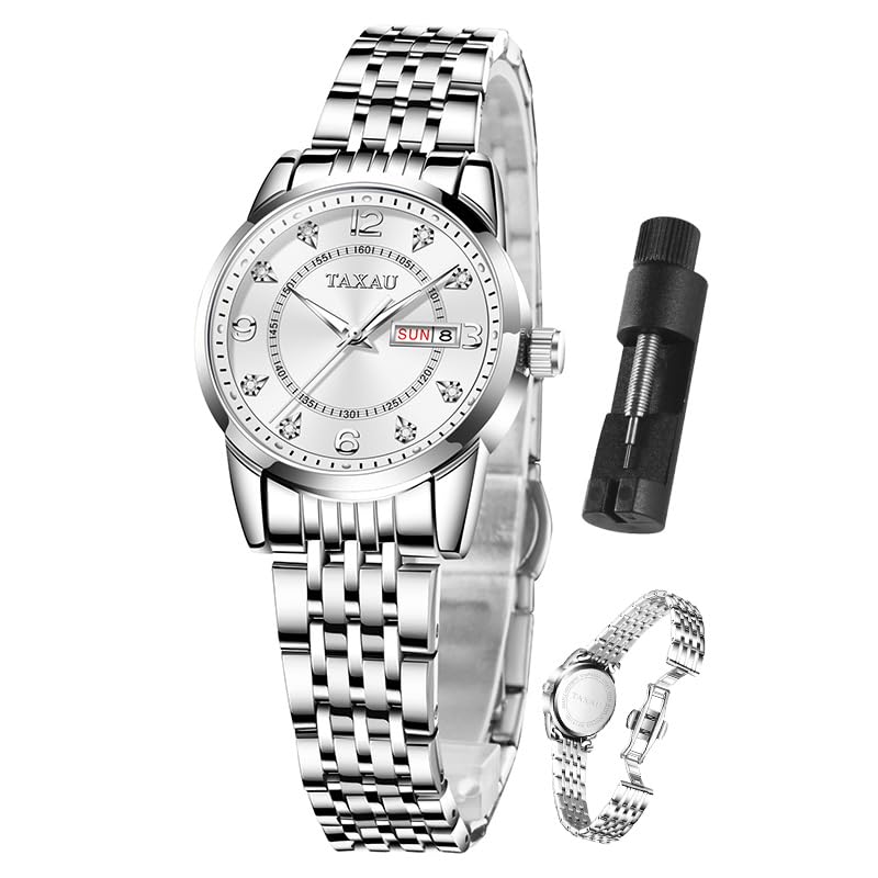 Taxau Uhren für Frauen Arabische Ziffern Kleines Zifferblatt Easy Read Damenuhren Einfacher Stil Datum Edelstahl wasserdichte Uhren für Frauen Reloj para Mujer