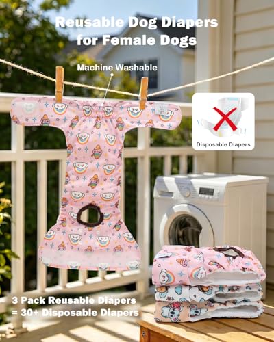Image of CuteBone Dog Diapers Female Washable Small Medium Large 3 Pack Reusable Doggie Diapers Puppy Period Pants for Doggy Heat Cycle Peeing