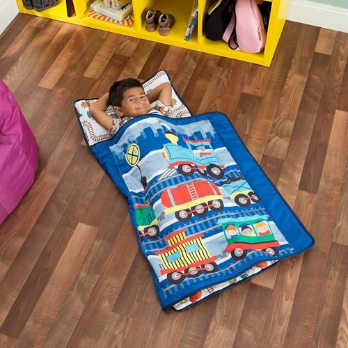 Image of EVERYDAY KIDS Toddler Nap Mat with Removable Pillow -Choo Choo Train- Carry Handle with Fastening Straps Closure, Rollup Design, Soft Microfiber for Preschool, Daycare, Sleeping Bag - Ages 2-6 Years