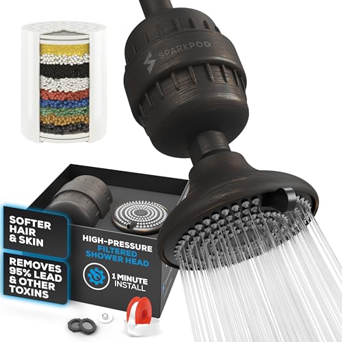 SparkPod 23-Stage Filtered Shower Head with 3 Spray Settings - High Pressure Shower Head with Filters for Dry Hair and Skin - Showerhead with Filter Reduces Chlorine & Heavy Metals (Polished