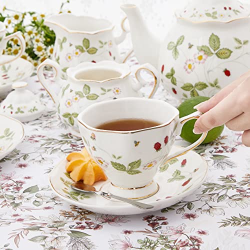 Mostden Fine Bone China 15-Piece Coffee Cup/Tea Cup Set,1 Teapot 1 Sugar Bowl 1 Cream Pitcher, 4 Cups And Saucers,4 Teaspoons Garden Series Mulberry #TOP7