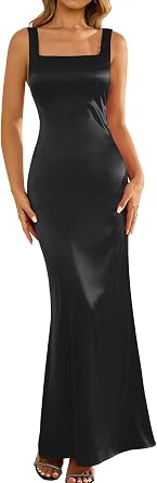 EYNMIN Summer Satin Long Formal Dress Square Neck Sleeveless Backless Bodycon Wedding Guest Dresses for Women 2026 Party
