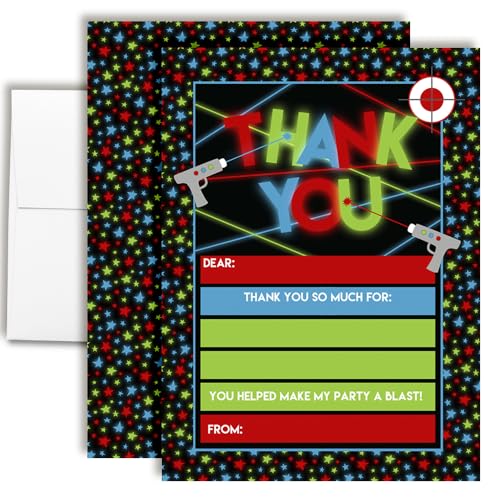 Amanda Creation Laser Tag Thank You Cards, 10 Pack 4x5.5 Kids Thank You Cards Laser Tag with Envelopes, Neon Birthday Notes