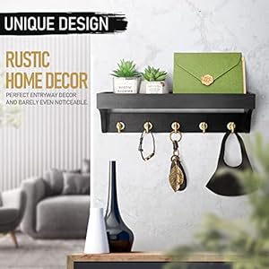 Rebee Vision Key Holder for Wall with Shelf Decorative Wall Hook with 5 Rustic Keys Hooks and Primitive Wood Mail Organizer Wall Mount Entryway Decor Black