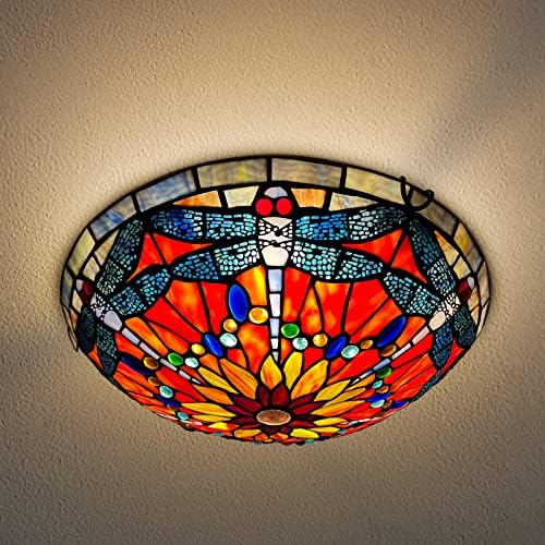 ARTZONE Tiffany Ceiling Lights, Stained Glass Ceiling Light 3-Lights 16 Inch Tiffany Flush Mount Ceiling Light for Bedroom Dining Living Room Entryway Foyer