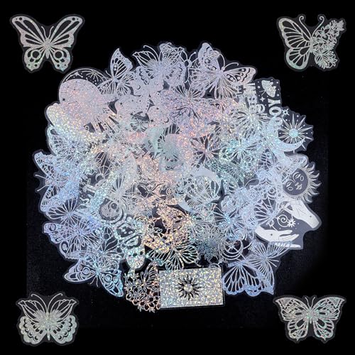 NICENEEDED 200 Stück Holografische Glitzeraufkleber DIY Transparenter Laseraufkleber Glänzende Schmetterlingszauber Wasserfeste Aufkleber Sets