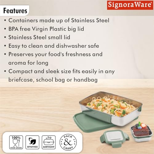 Image of SignoraWare Munch Mate Stainless Steel Lunch Box | Airtight & Leakproof | Durable & Compact | Easy to Carry | Ideal Tiffin for Office, School & Travel (550ml + 130ml | Egreen)