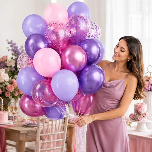 Image of Pink and Purple Balloons, 50PCS 12 Inch Confetti Balloons, Metallic Purple Pink Latex Balloons with Ribbon, Party Balloons for Birthday Shower Wedding Party Decorations