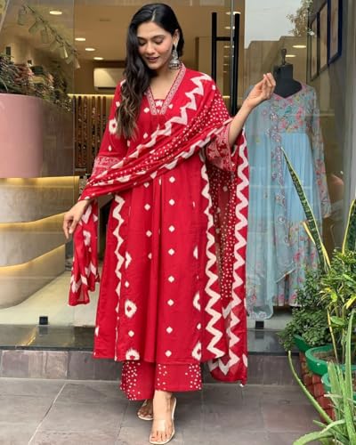 Lookmark Women's Cotton Blend Zigzag And Dotted Print Kurta Plazzo Set With Dupatta Suitable For Every Indian Occasion (Az-Lm-Og-Ks2174 Red-L)