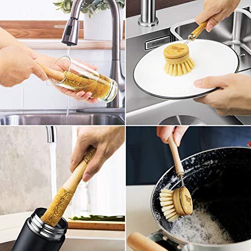 Leses Dish Brush Natural Bamboo Dish Scrub Brush Set With Handle 100% Plastic Free Eco Friendly Cleaning Brushes For Kitchen Cleaning Dish, Bottle, Pots, Pans #TOP3