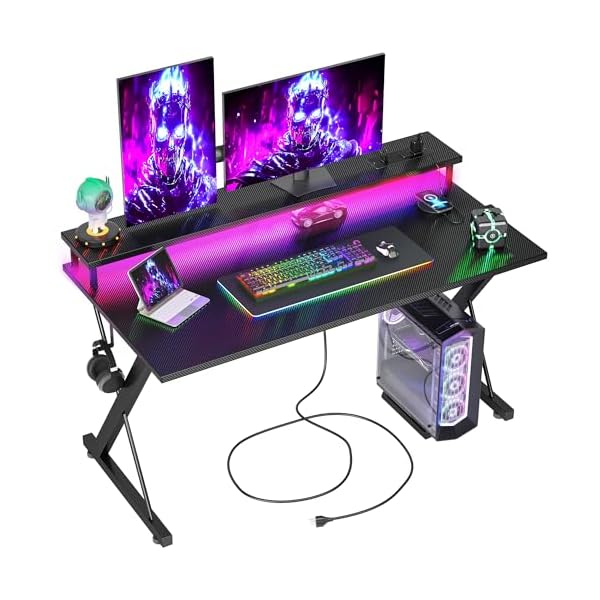 TIQLAB Gaming Desk with Power Outlets & LED 40 Inch Ergonomic Computer Carbon Fiber Surface Gamer Desk, Large Monitor Stand, Headphone Hook, PC Workstation for Bedroom, Black