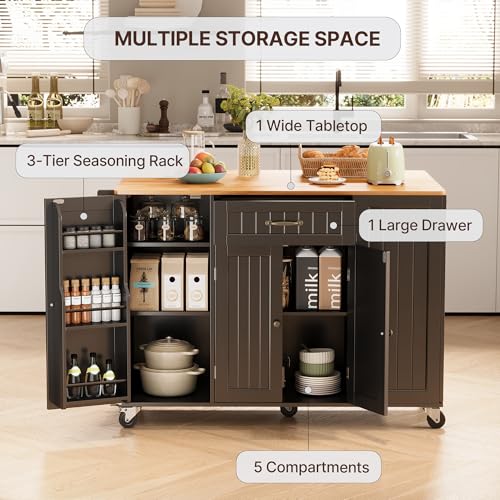 Gizoon 51.6\" W Kitchen Island with Storage, Rolling Dining Cart with Trash Storage Cabinet, Mobile Island Cart with Drop Leaf, Adjustable Shelves, Towel Rack, 5 Wheels, Black - Thumbnail 7