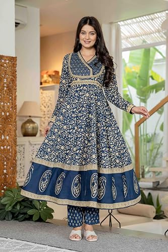 Image of Pistaa's Women's Pure Cotton Anarkali Floral Printed Hand Work Kurta with Pant & Dupatta Set