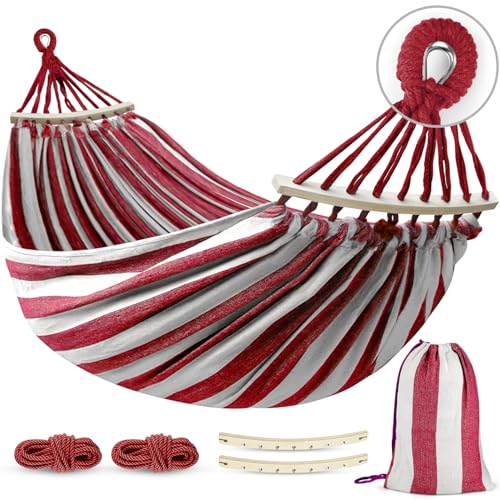 Image of MOSFiATA Hammocks Portable Camping Hammock Upgraded 550lb Thickened Fabric Single Hammocks with Two Anti Roll Balance Beam and Tree Straps for Camping, Patio, Backyard, Outdoor(Red White)