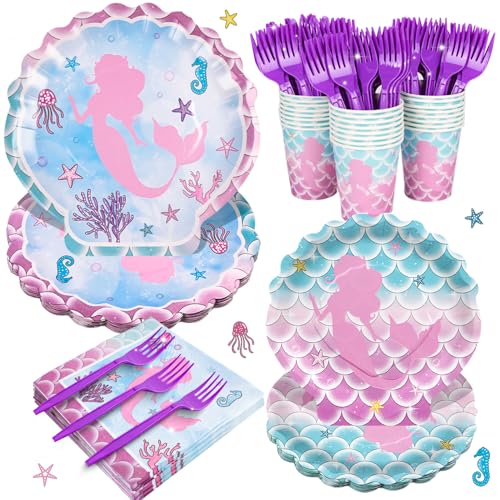 Xienbloc 120Pcs Mermaid Party Supplies Mermaid Birthday Party Plates Napkins Girls Paper Dessert Plates Cups Tableware Set For Baby Shower Ocean Birthday Party Decorations Serves 24 Guests cover