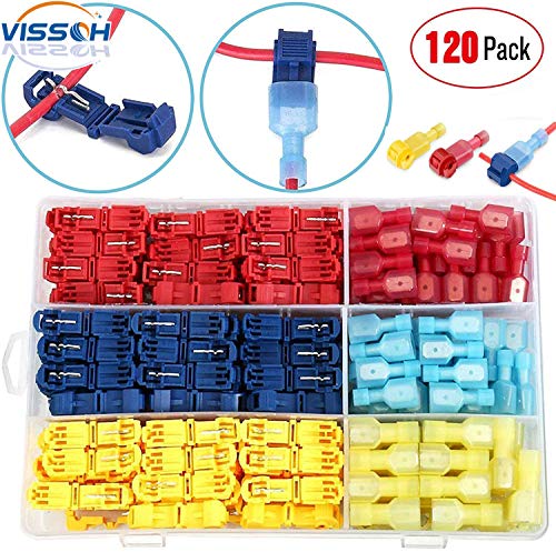 VISSQH 120Pcs T-Tap Cable Terminal Conector,T-Tap Empalme Rápido Kit,Conectores Eléctricos del Grifo y Conector Macho Spade Completamente Aislado