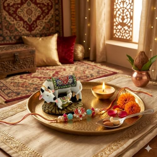 Image of SAUDEEP INDIA Decorative Resin Cow and Calf Idol for Home Decor & Vastu | Auspicious Kamdhenu Cow Showpiece with Rakhi for Brother | Raksha Bandhan Gift for Bhai | Spiritual Decorative Figurine