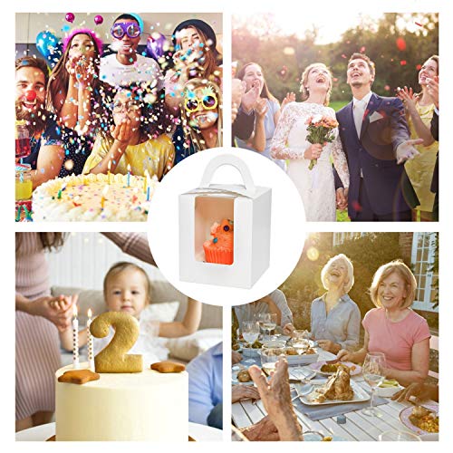 Gonioa 60Pcs White Single Cupcake Boxes,Cupcake Carriers Individual Containers with Handle and Window,Pastry Containers Muffins Cupcake Carriers for Baby Shower Wedding Birthday Party Favor
