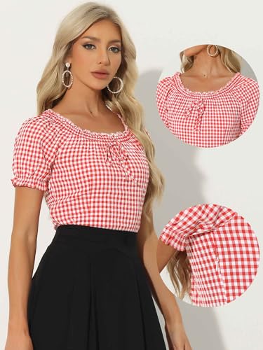 Allegra K Gingham Top for Woman's 2025 Plaid Peasant Round Neck Ruffles Cute Puff Sleeve Tops2