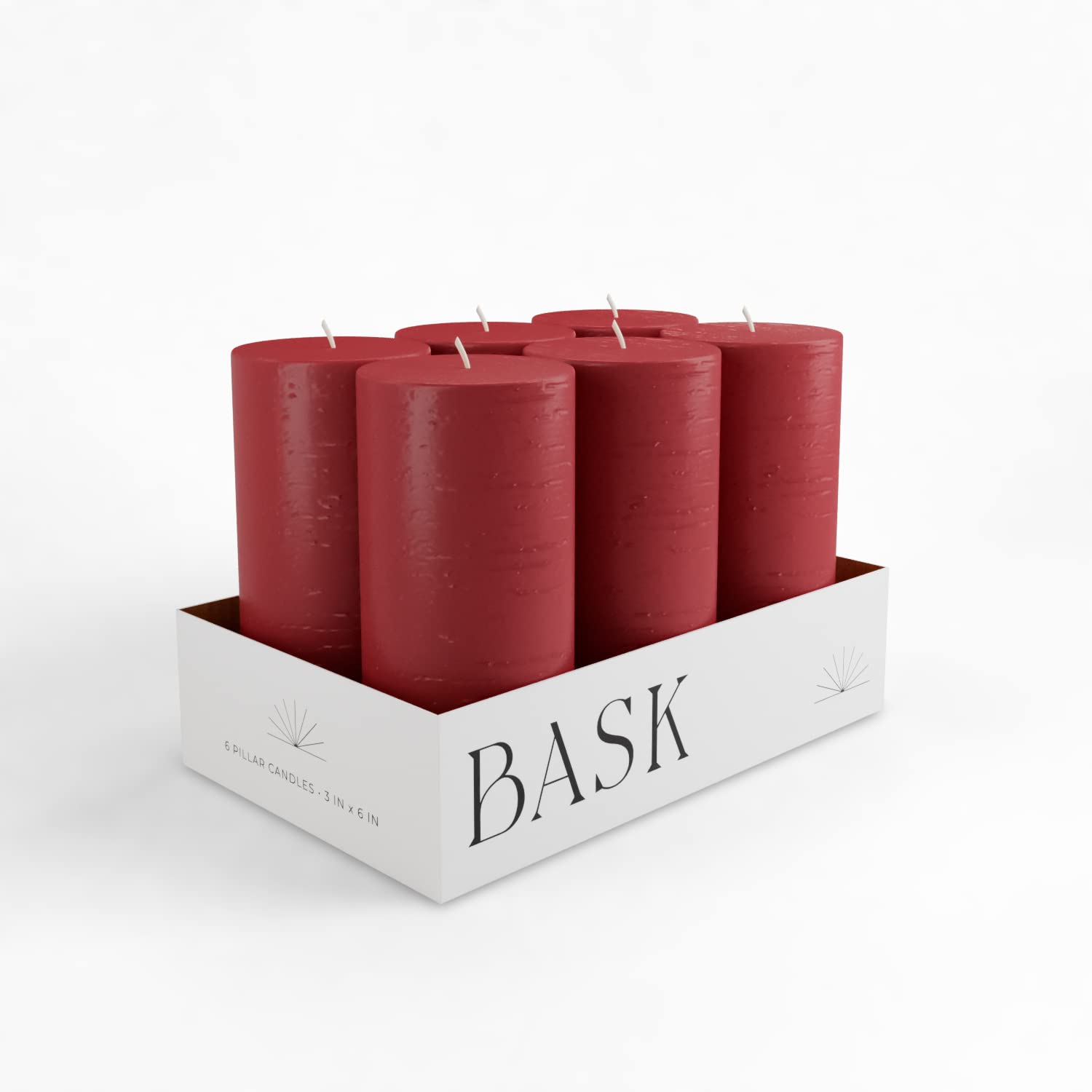 Bask Candles Holiday Pillar Candles - Mottled, Unscented Decorative Candles in Burgundy - 6-Pack of 3" x 6"