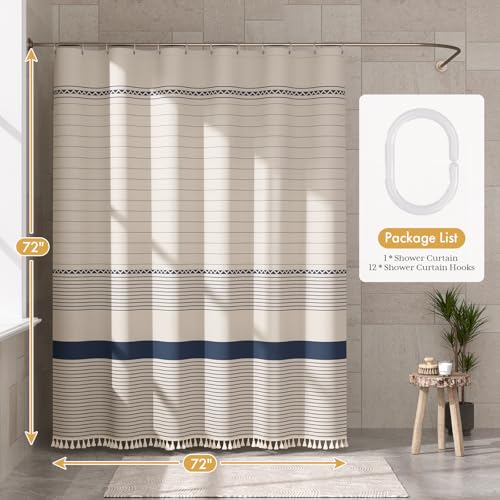 Image of AmazerBath Boho Shower Curtain, Modern Farmhouse Shower Curtain Set with Tassels, Rustic Faux Linen Navy Blue Striped Shower Curtain with Hooks, Light Tan Toned, 72x72 Inches