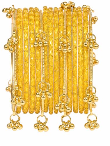 Image of JPS 16 Pcs Trendy Stylish Glass & Kashmiri Ghungroo Bangles Set for Women & Girls | Gold-Plated Traditional Festive Wedding Party Jewellery Chudi Set (12 Glass + 4 Metal)