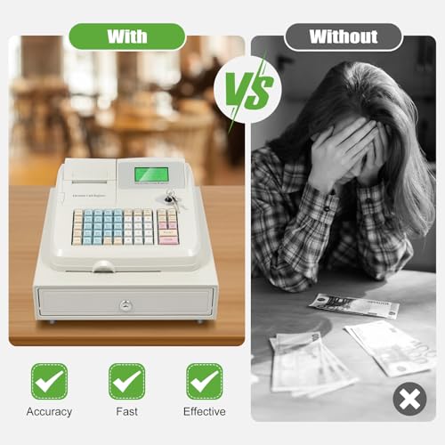 Image of 48 Keys Cash Register, Cash Register for Small Businesses with LCM Screen, LED Display, Cash Detection Light, Drawer Box, Interfaces, for Retailer, Supermarket, Boutique, Grocery Store, Cafe