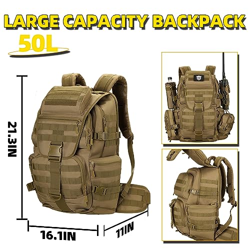 KXBUNQD Militärischer taktischer Rucksack, 50 l, Wandern, wasserdicht, groß, Militärrucksack, 3-Tage-Rucksack, Molle-Tasche, Khaki, 50L… – Ansicht 2