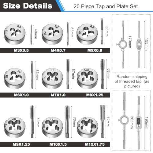 HSEAMALL Tap and Die Set, 20-Piece, M3-M12 Metric Sizes, with Tap Wrench and Accessories 2 HSEAMALL Tap and Die Set, 20-Piece, M3-M12 Metric Sizes, with Tap Wrench and Accessories - Image 2