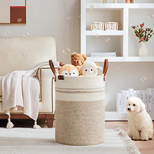 Image of VIPOSCO 72L Tall Woven Rope Laundry Hamper, Leather Handles, Brown & White