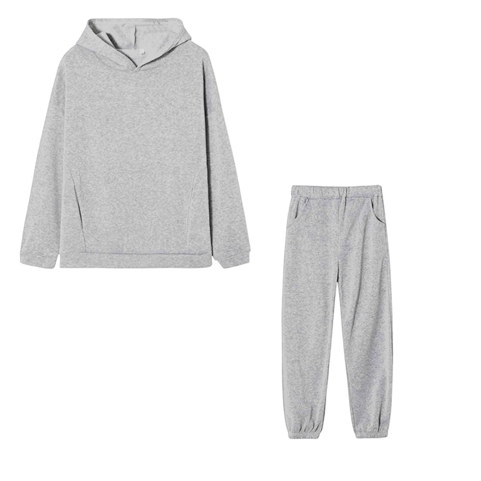 Women's Solid Color Korean Style Fashion Hooded Sweatshirt and Pants Set 2 Piece Outfit Winter Women Clothes (Grey, S)